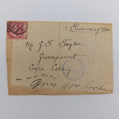 Boer War P.O.W fronts stuck back to back. One side posted Belle Vue 14 Sept 1900 to GF Taylor POW Greenpoint, Cape Colony - Double rim Belle Vue censor mark other side posted Army Post office Mafeking