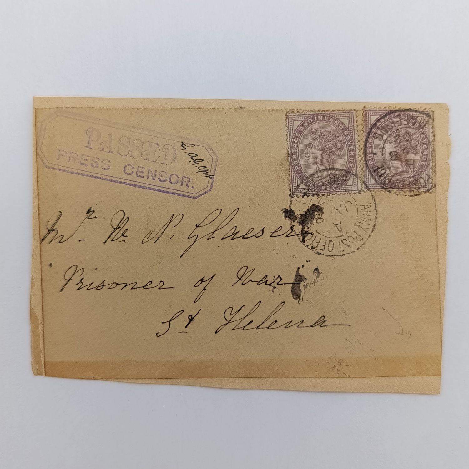 Boer War P.O.W fronts stuck back to back. One side posted Belle Vue 14 Sept 1900 to GF Taylor POW Greenpoint, Cape Colony - Double rim Belle Vue censor mark other side posted Army Post office Mafeking