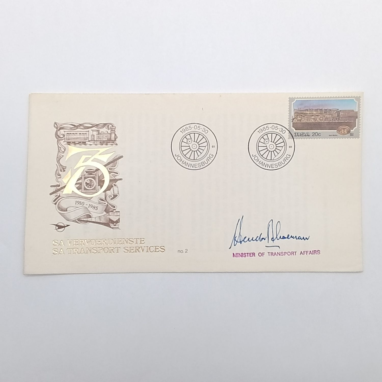 South Africa 1985 Railway cover signed by the minister of transport - Hendrick Schoeman