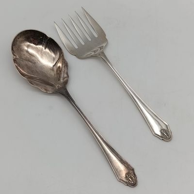 Silverplated serving set with spoon and 5 pronged fork