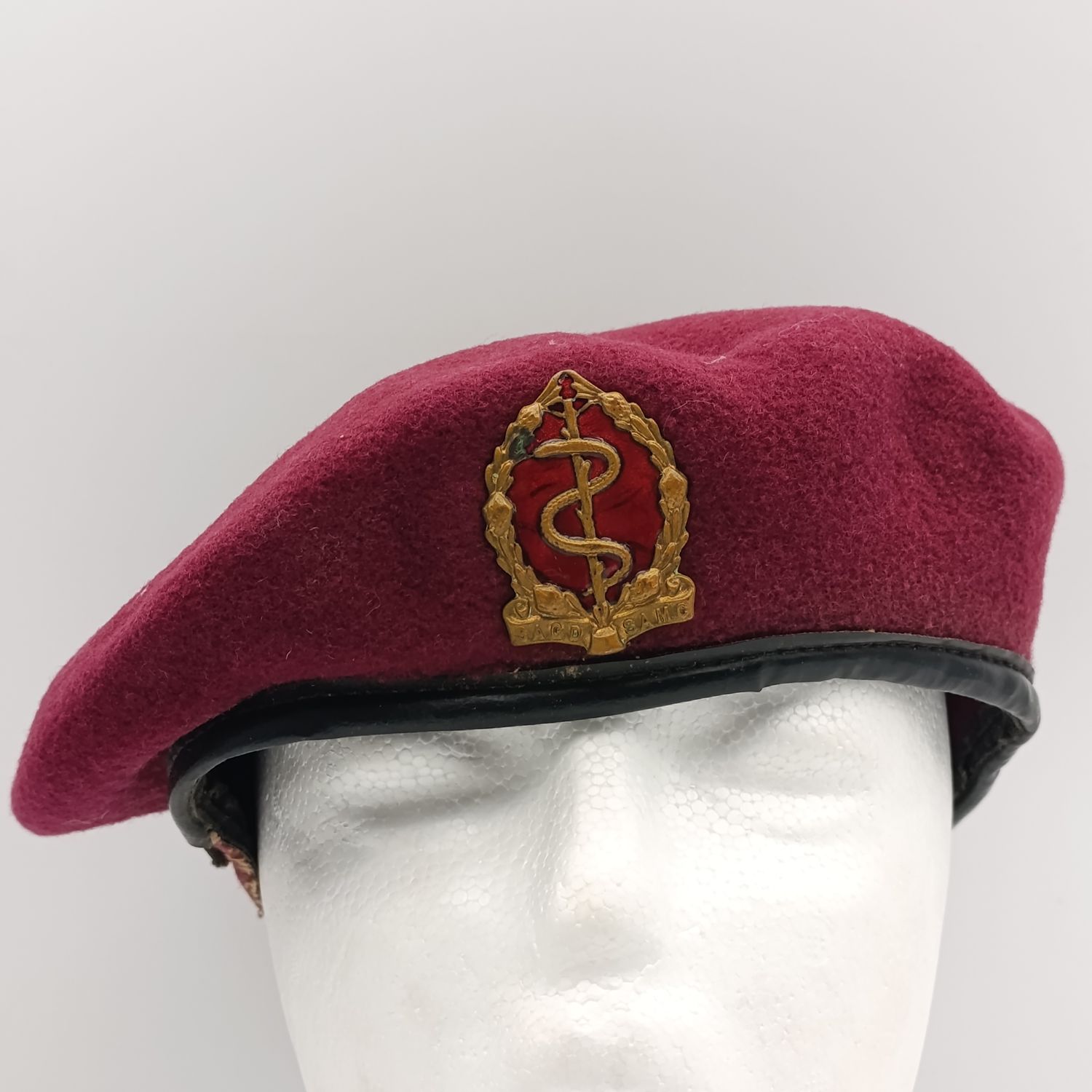 SA Army Medical Corps beret with badge - leather seam damaged
