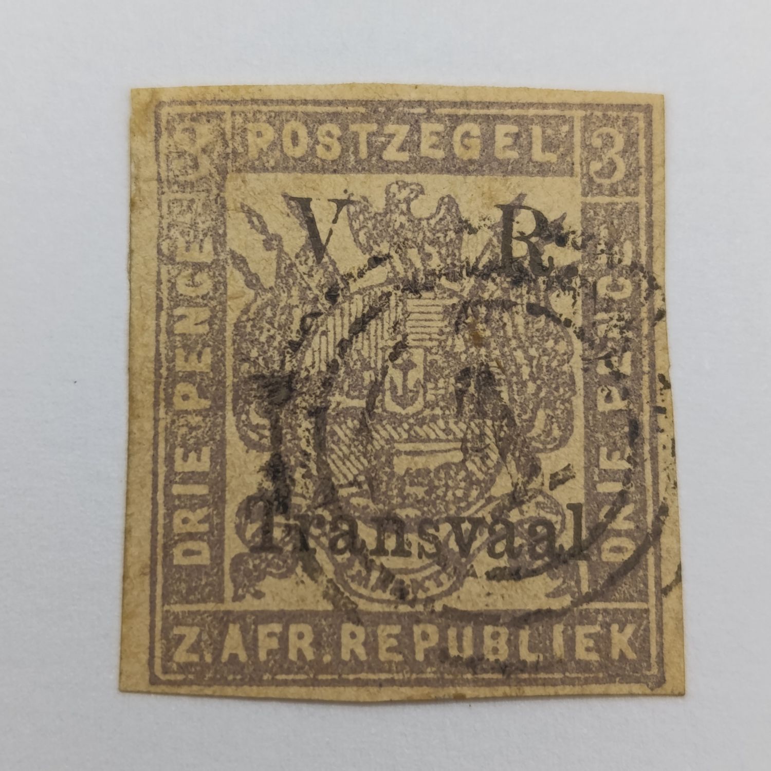1877 Mauve on Baff 3d ZAR overprinted V.R. Transvaal - Imperfect