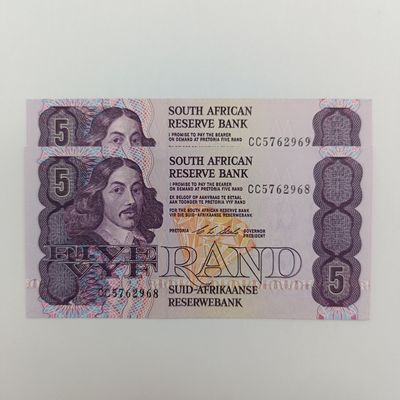 South Africa CL Stals Pair of uncirculated R5 banknote with consecutive numbers