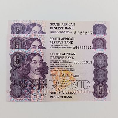 South Africa Lot of 3x R5 banknotes TW de Jongh, GPC de Kock &amp; Stals - never used, minor creasing