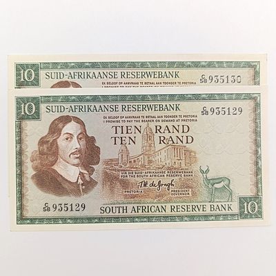 South Africa TW de Jongh First Issue Pair of R10 banknotes with consecutive numbers - uncirculated