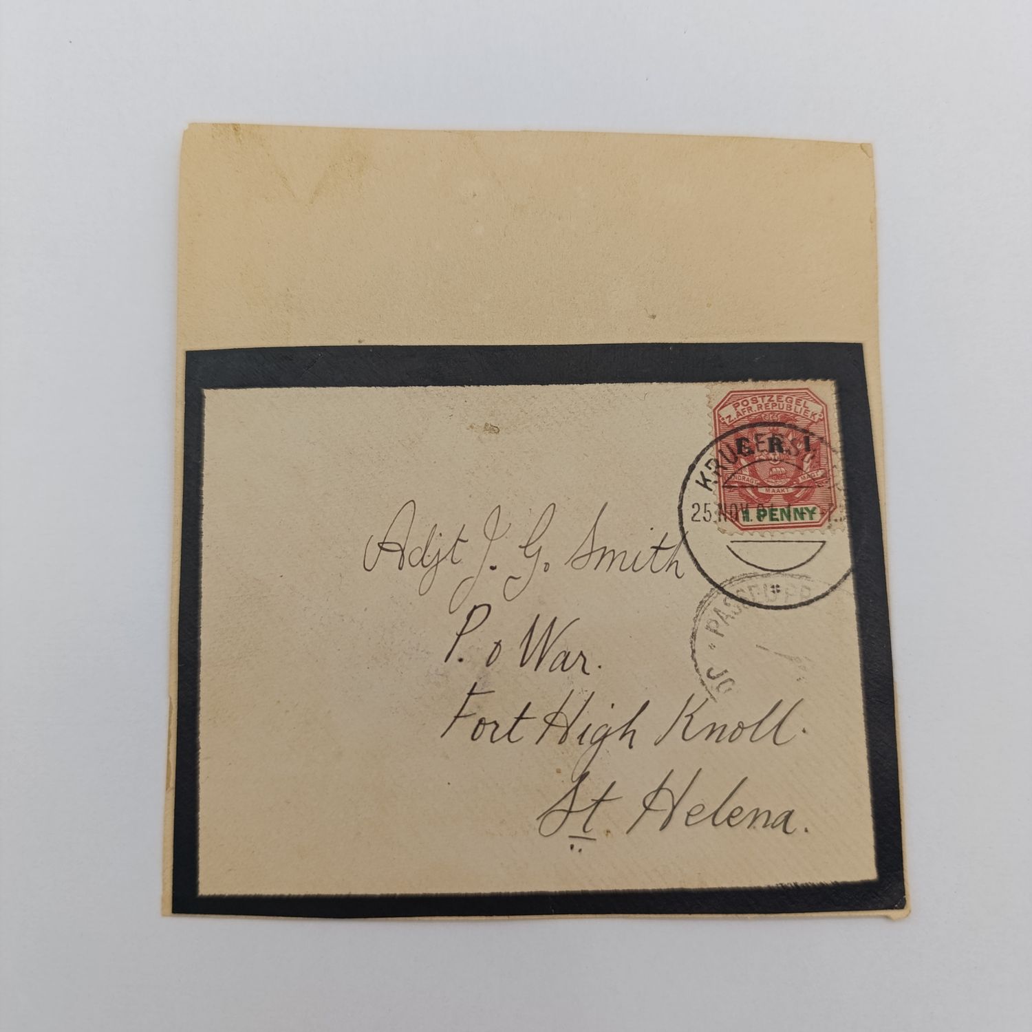 Pair of Boer War fronts stuck back to back one side to H de Graaf Castle Barracks, Cape Town - Posted 2 Feb 1900 - Arrival Cape 8 March 1900 - double rim censor stamp - other side mourning cover