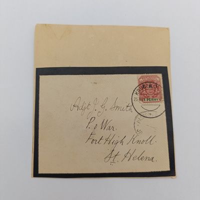 Pair of Boer War fronts stuck back to back one side to H de Graaf Castle Barracks, Cape Town - Posted 2 Feb 1900 - Arrival Cape 8 March 1900 - double rim censor stamp - other side mourning cover