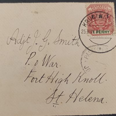 Pair of Boer War fronts stuck back to back one side to H de Graaf Castle Barracks, Cape Town - Posted 2 Feb 1900 - Arrival Cape 8 March 1900 - double rim censor stamp - other side mourning cover