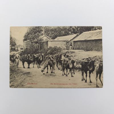 Postcard with Camel caravan picture - Kaiser&#39;s Yacht stamp from German Colony Kiatschou in China