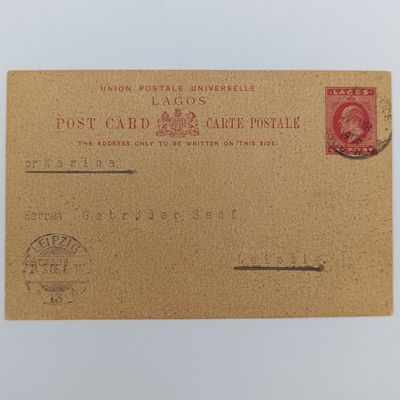 Pre printed postage postcard 3 March Lagos Nigeria 1906 to Leipzig, Germany - receiving cancel 14 1906