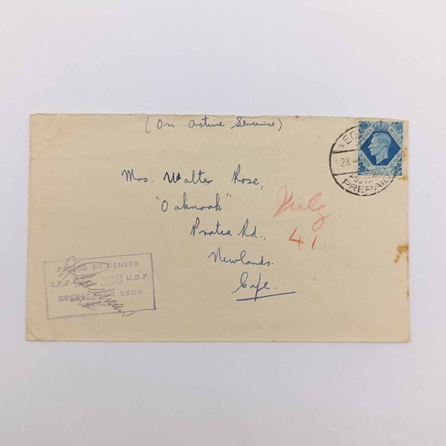 28 June 1941 Letter from Egypt to Newlands, Cape Passed by Censor UDF No 338 Addressed to Mrs Walter Rose