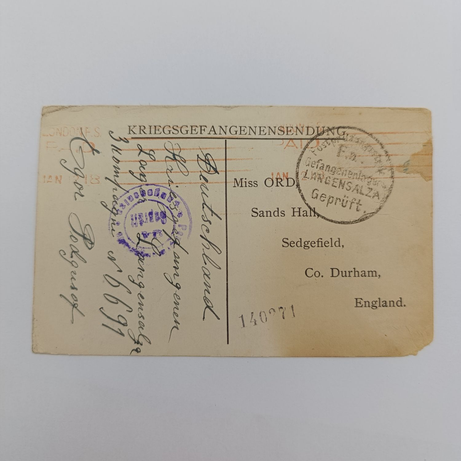 WW1 Acknowledgement card from P.O.W - written in Russian displaying thanks for parcels received - Langensalza POW camp in Germany 1917