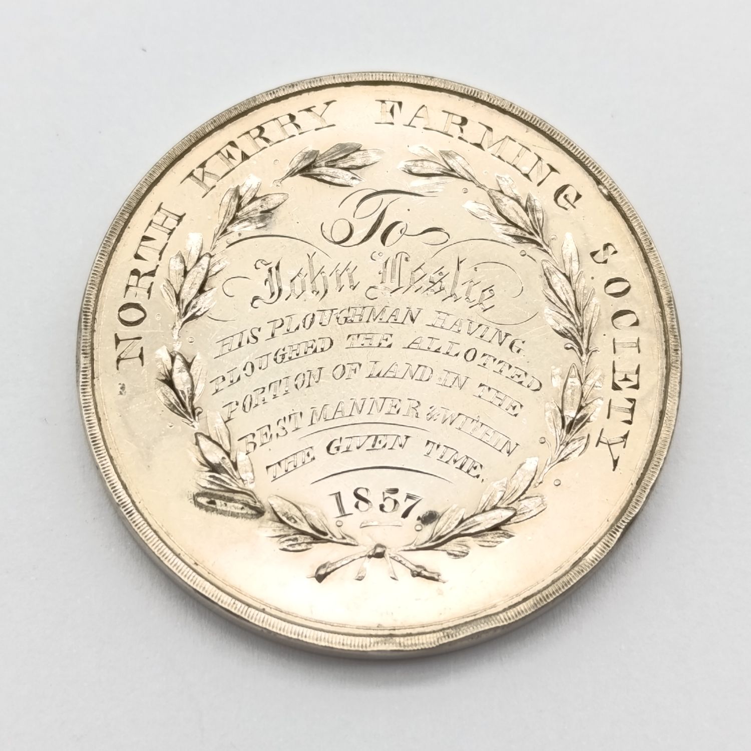 Silver medallion awarded in 1857 to John Leslie of North Kevry