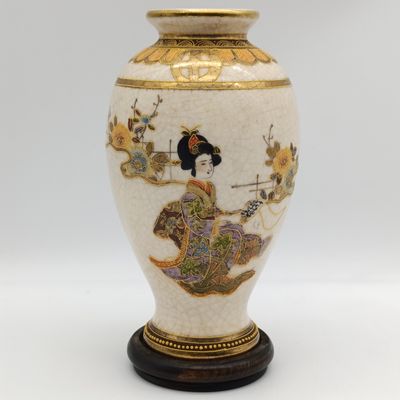 Vintage Japanese Satsuma handpainted vase with crackled glaze