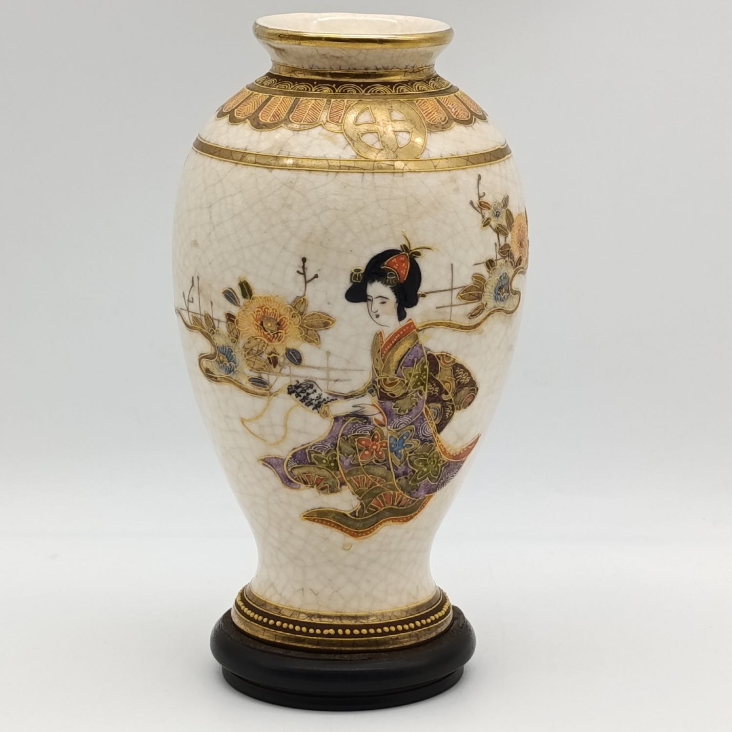 Vintage Japanese Satsuma handpainted vase with crackled glaze