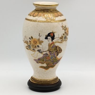 Vintage Japanese Satsuma handpainted vase with crackled glaze
