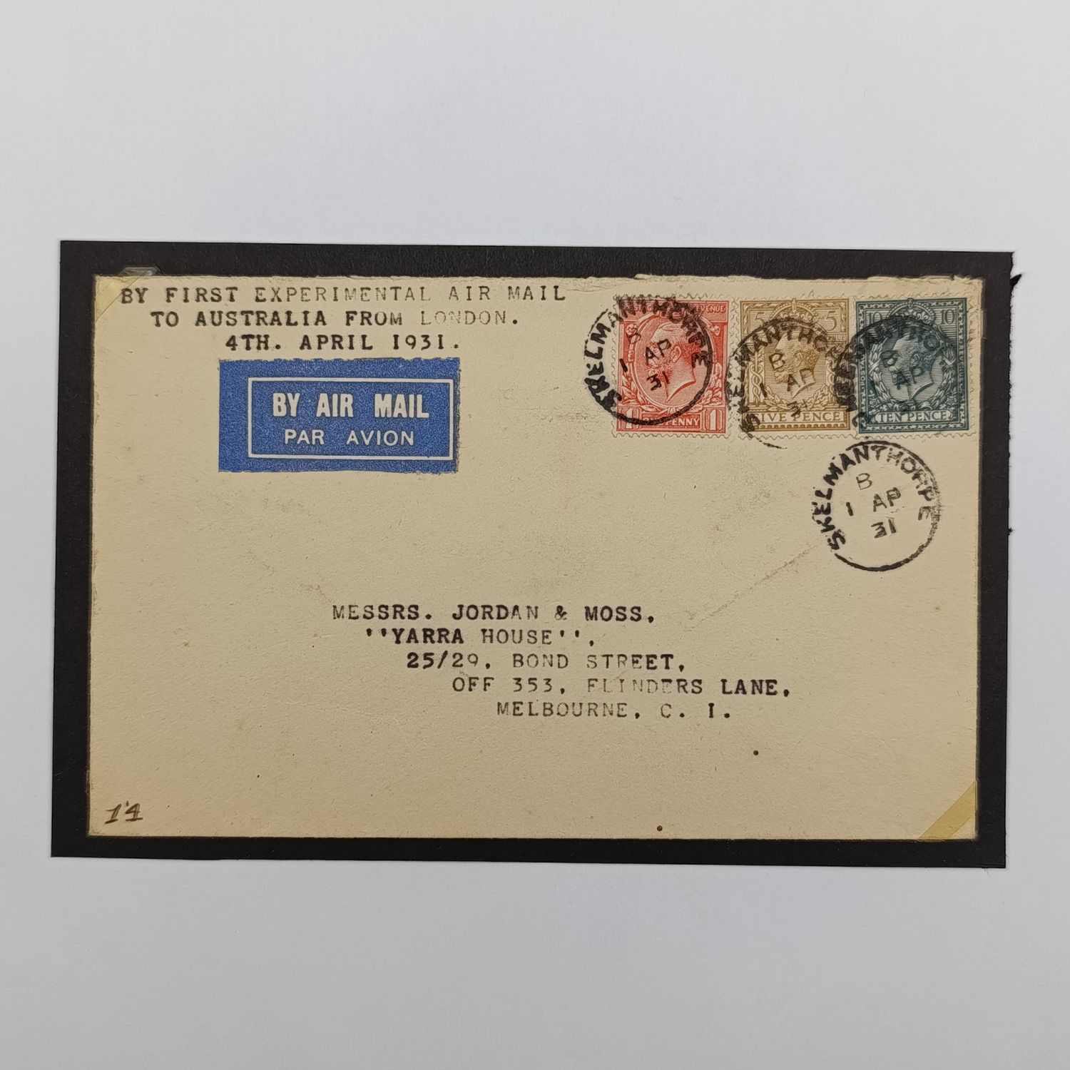 First Experimental airmail London to Austrailia 4 April 1931 posted SkelmanThorpe 1st April 1931 to Melbourne Australia - stamps in 3 colours