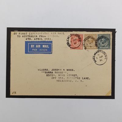 First Experimental airmail London to Austrailia 4 April 1931 posted SkelmanThorpe 1st April 1931 to Melbourne Australia - stamps in 3 colours