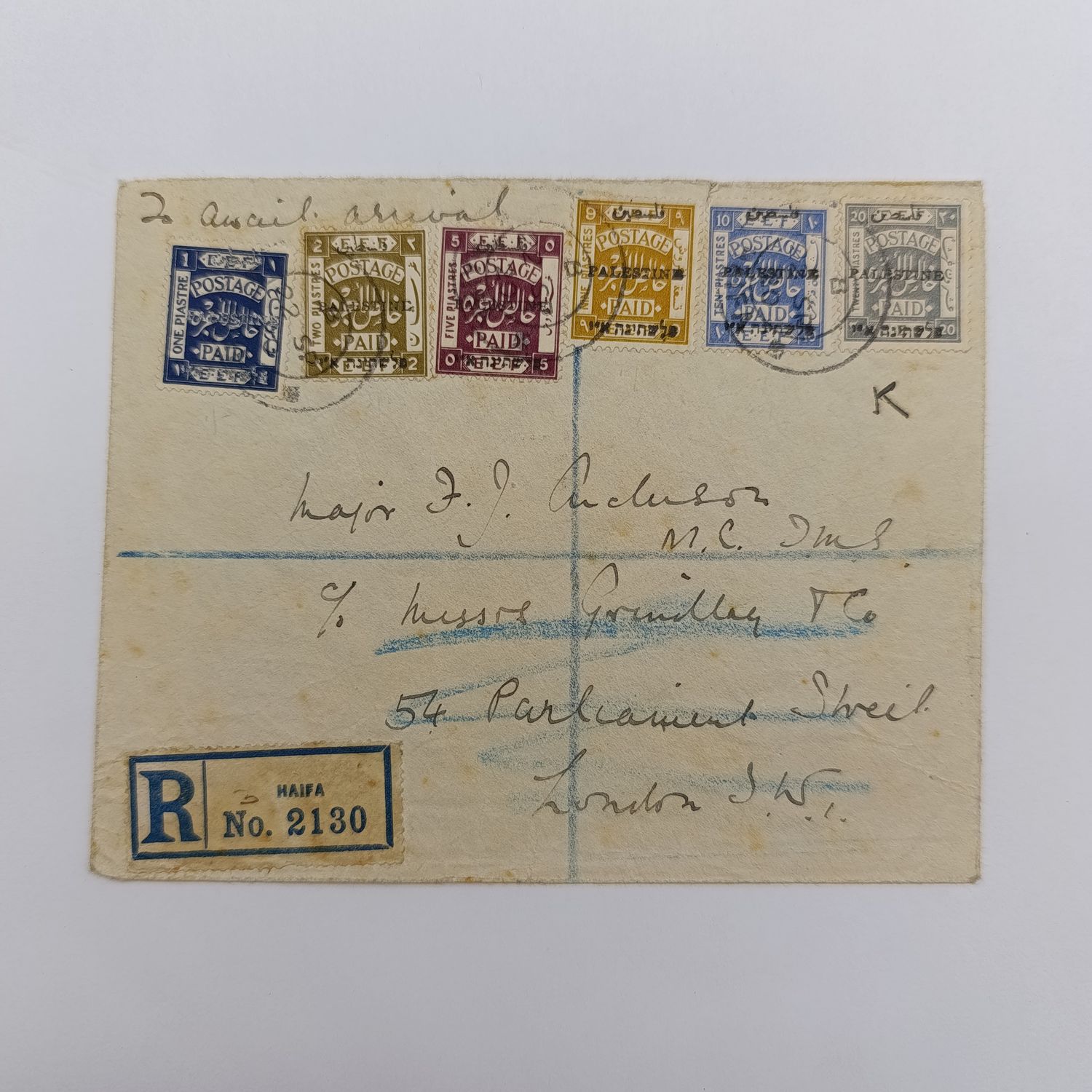 Registered Cover to Major FJ Anderson MC DMS, London from Haifa with 6 colorful Palestine in English, Arabic and Hebrew - Arrival 22 Sept 1920 and signed by Major Anderson