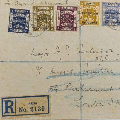 Registered Cover to Major FJ Anderson MC DMS, London from Haifa with 6 colorful Palestine in English, Arabic and Hebrew - Arrival 22 Sept 1920 and signed by Major Anderson