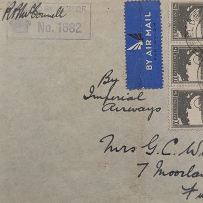 Cover posted at Field Post office 124 "Gedera" Palestine 18 April 1940 by airmail (Imperial Airways) to York, England - Passed by censor No 1682 6 Palestine stamps