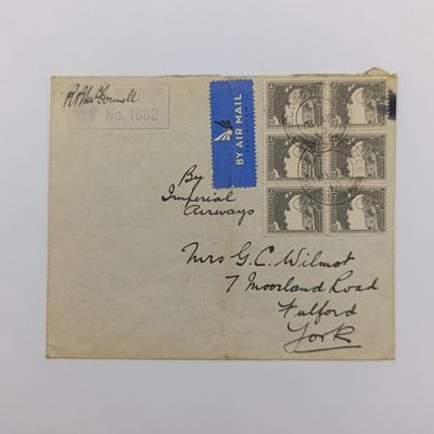 Cover posted at Field Post office 124 &quot;Gedera&quot; Palestine 18 April 1940 by airmail (Imperial Airways) to York, England - Passed by censor No 1682 6 Palestine stamps