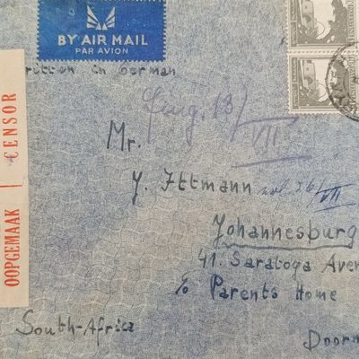 WW2 Airmail Cover - opened by censor - 4 palestine stamps - posted to Doorn fontein, South Africa from Haifa - written in German