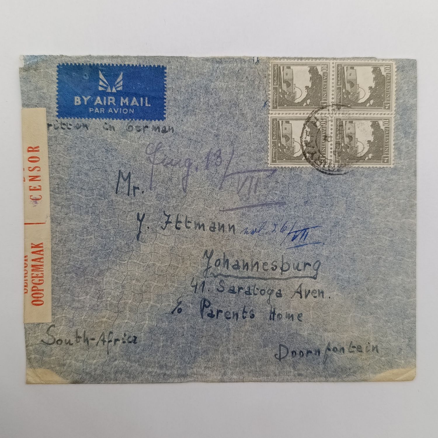 WW2 Airmail Cover - opened by censor - 4 palestine stamps - posted to Doorn fontein, South Africa from Haifa - written in German