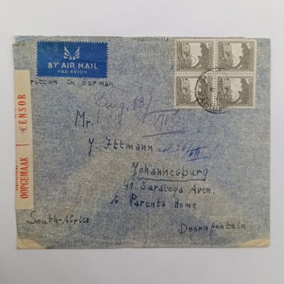 WW2 Airmail Cover - opened by censor - 4 palestine stamps - posted to Doorn fontein, South Africa from Haifa - written in German
