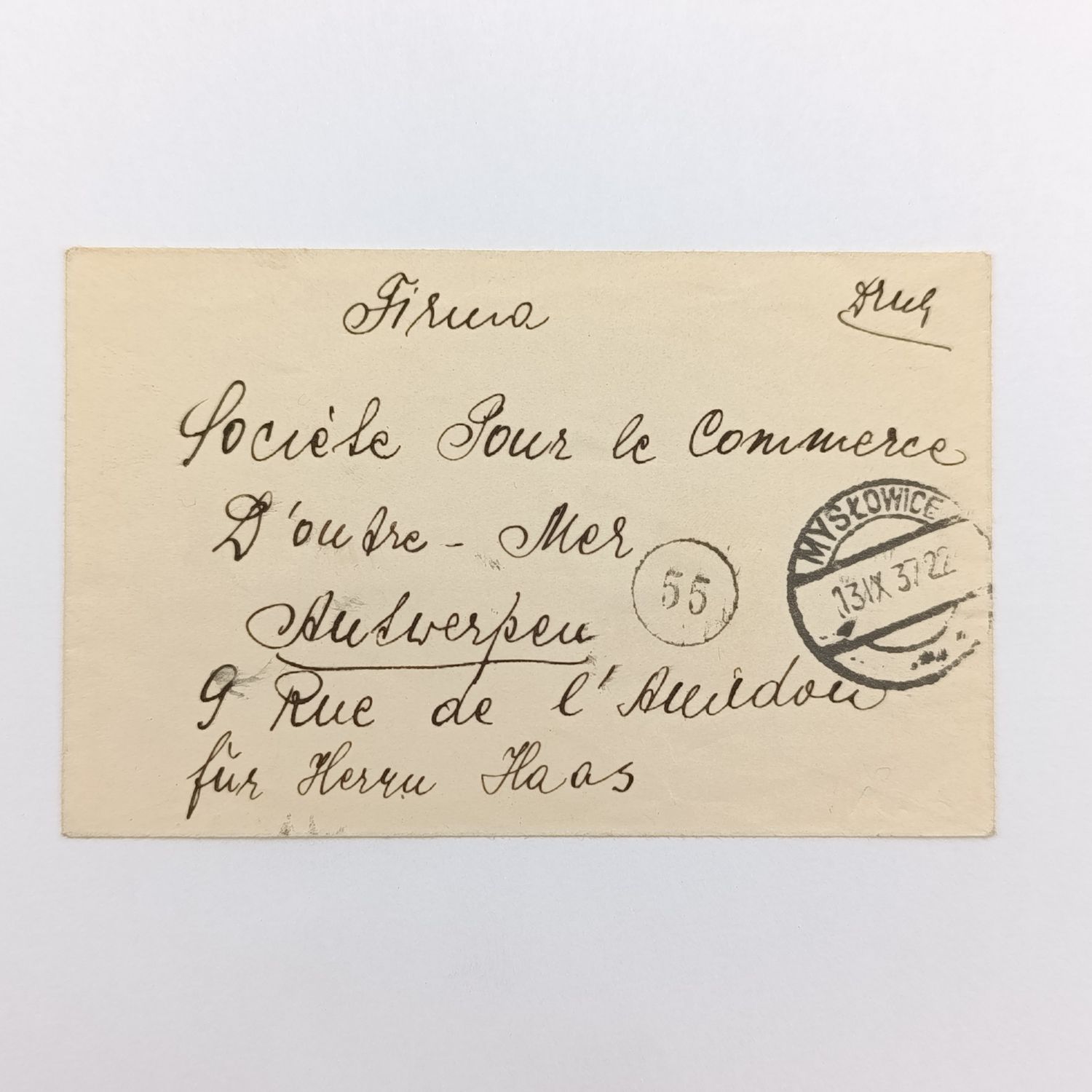 Letter in French from Poland (Myslowice) to Belgium (Antwerp) - posted 13 Sept 1922 - polish stamp on back