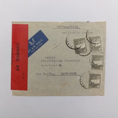 Postal Cover from Ramat, G-K, West Bank with 4 Palestine stamps posted 1945 to The Castle, Cape Town with Airmail - label and Red Palestinian censor label - &quot;written in German&quot;