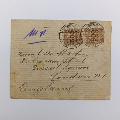 WW1 Letter from GrossHartmannsdorf to London - 1923 with 2x 500 Tausend Mark stamps