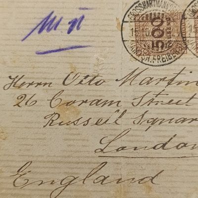 WW1 Letter from GrossHartmannsdorf to London - 1923 with 2x 500 Tausend Mark stamps
