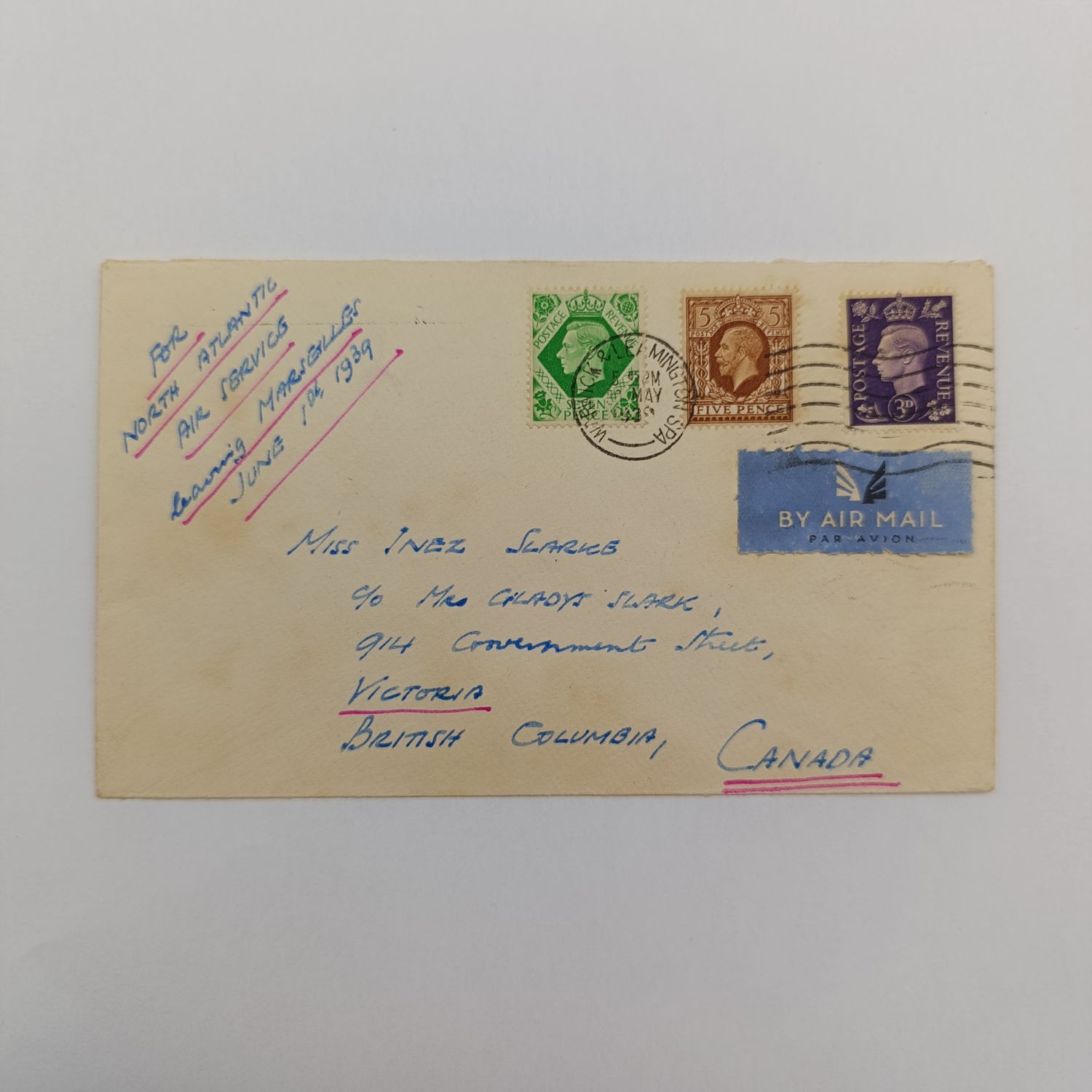 Transahantic Airmail from Warrick &amp; Lemmington Spa Enland through Marseilles (North Atlantic Air services) to Victoria, British Columbia, Canada. Posted 30 May 1939 - see description