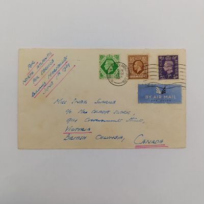 Transahantic Airmail from Warrick &amp; Lemmington Spa Enland through Marseilles (North Atlantic Air services) to Victoria, British Columbia, Canada. Posted 30 May 1939 - see description