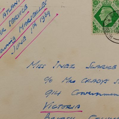 Transahantic Airmail from Warrick &amp; Lemmington Spa Enland through Marseilles (North Atlantic Air services) to Victoria, British Columbia, Canada. Posted 30 May 1939 - see description