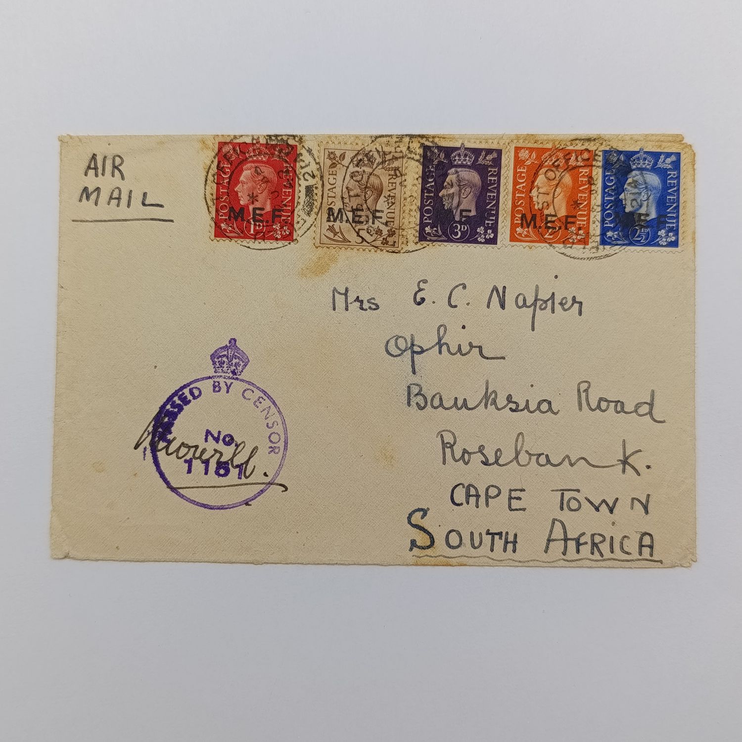Censored letter with 5x  MEF overprinted stamps - Field Post Office 2`14 - 20 April 1942 - posted to Rosebank, Cape Town