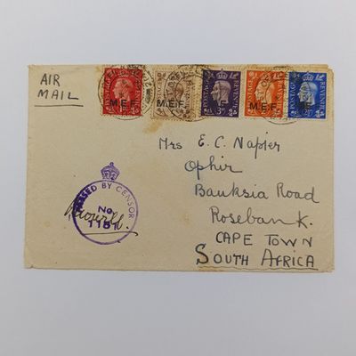 Censored letter with 5x  MEF overprinted stamps - Field Post Office 2`14 - 20 April 1942 - posted to Rosebank, Cape Town