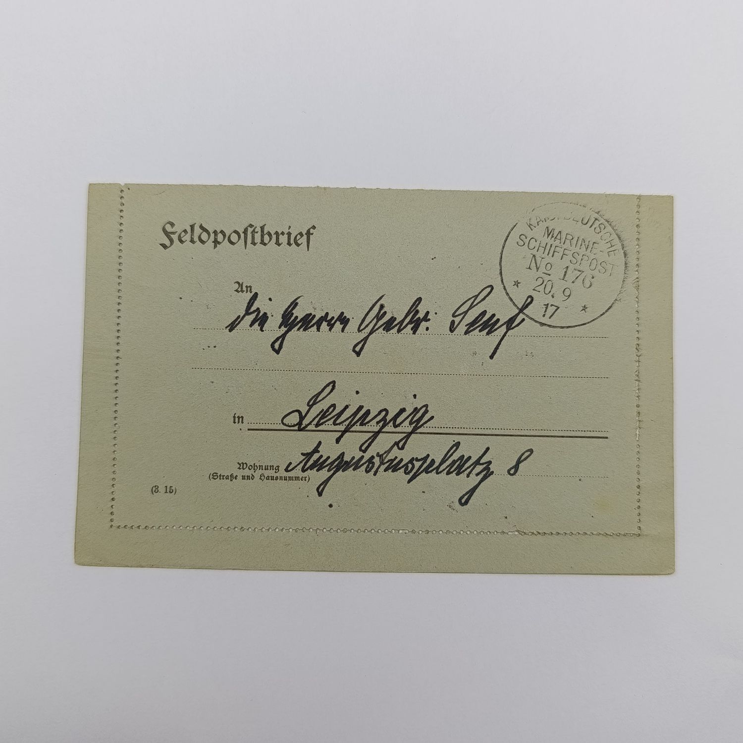 WW1 Marine Sciffspost no 1917 to Leipzig, Germany - Posted on the SMS Bosnia