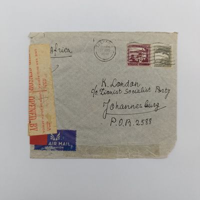 WW2 Cover from Tel Aviv 27 Aug 1941 with 2 Pallestine stamps posted to Johannesburg to the Zionist Socialist Party - opened by censor sticker