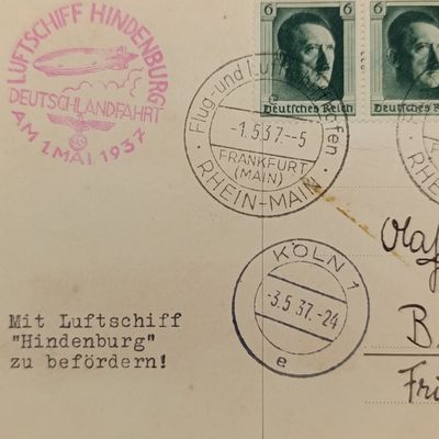 Cover flown on the airship Hindenburg that was part of the last mail drop in Cologne before the U.S.