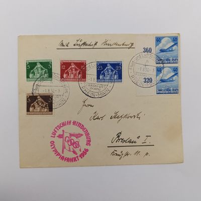Cover flown on the airship Hindenburg 1/8/1936 to the 1936 Olympics from Frankfort Airship Airport with 6 colorful German stamps - Adressed to (Poland) Breslau