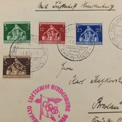 Cover flown on the airship Hindenburg 1/8/1936 to the 1936 Olympics from Frankfort Airship Airport with 6 colorful German stamps - Adressed to (Poland) Breslau