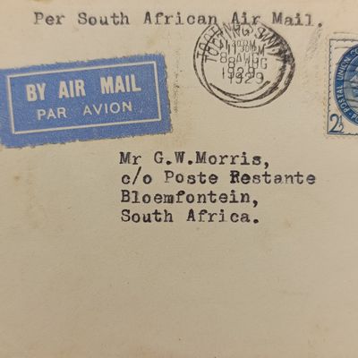 Airmail 8 Aug 1929 Tooting, London to Bloemfontein South Africa