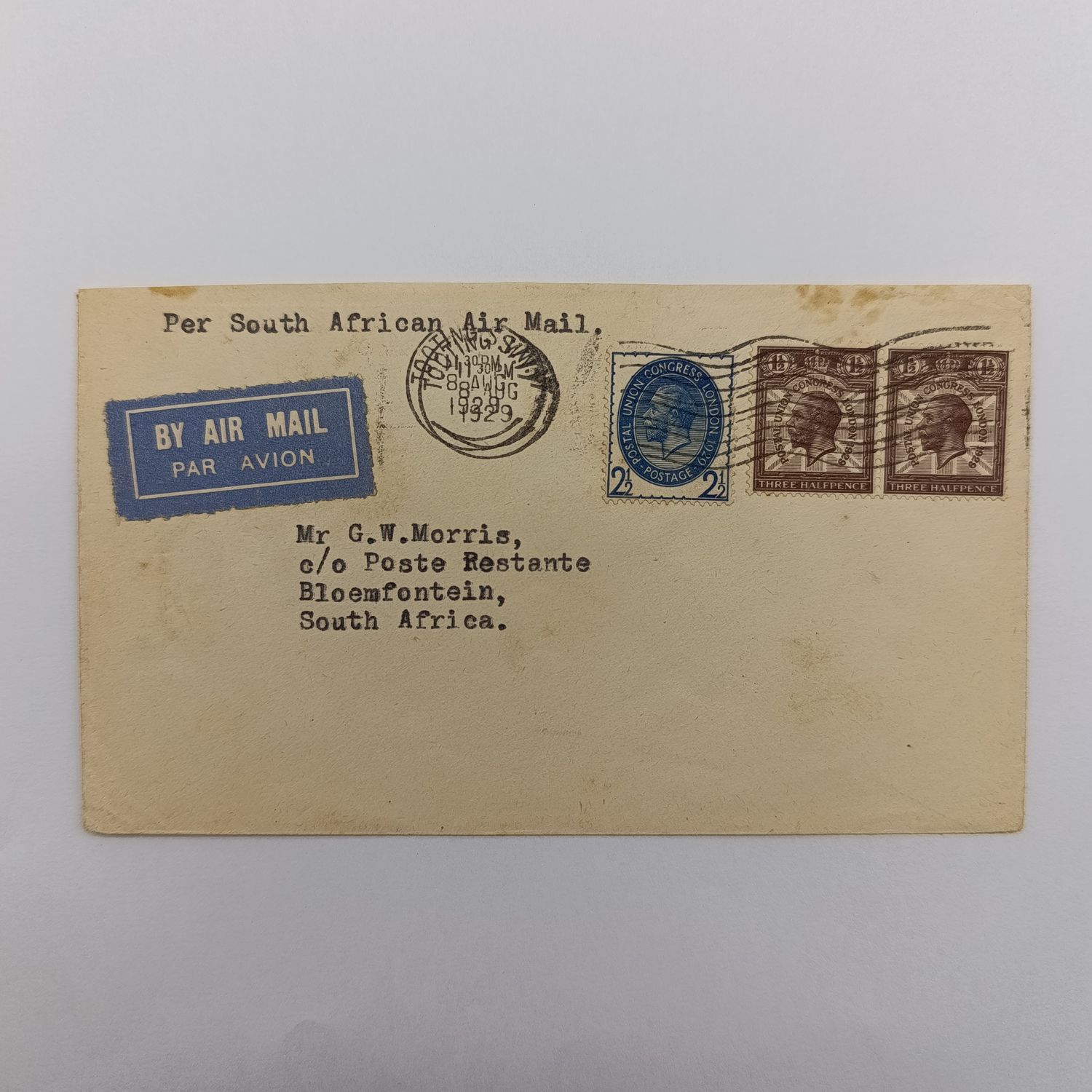 Airmail 8 Aug 1929 Tooting, London to Bloemfontein South Africa