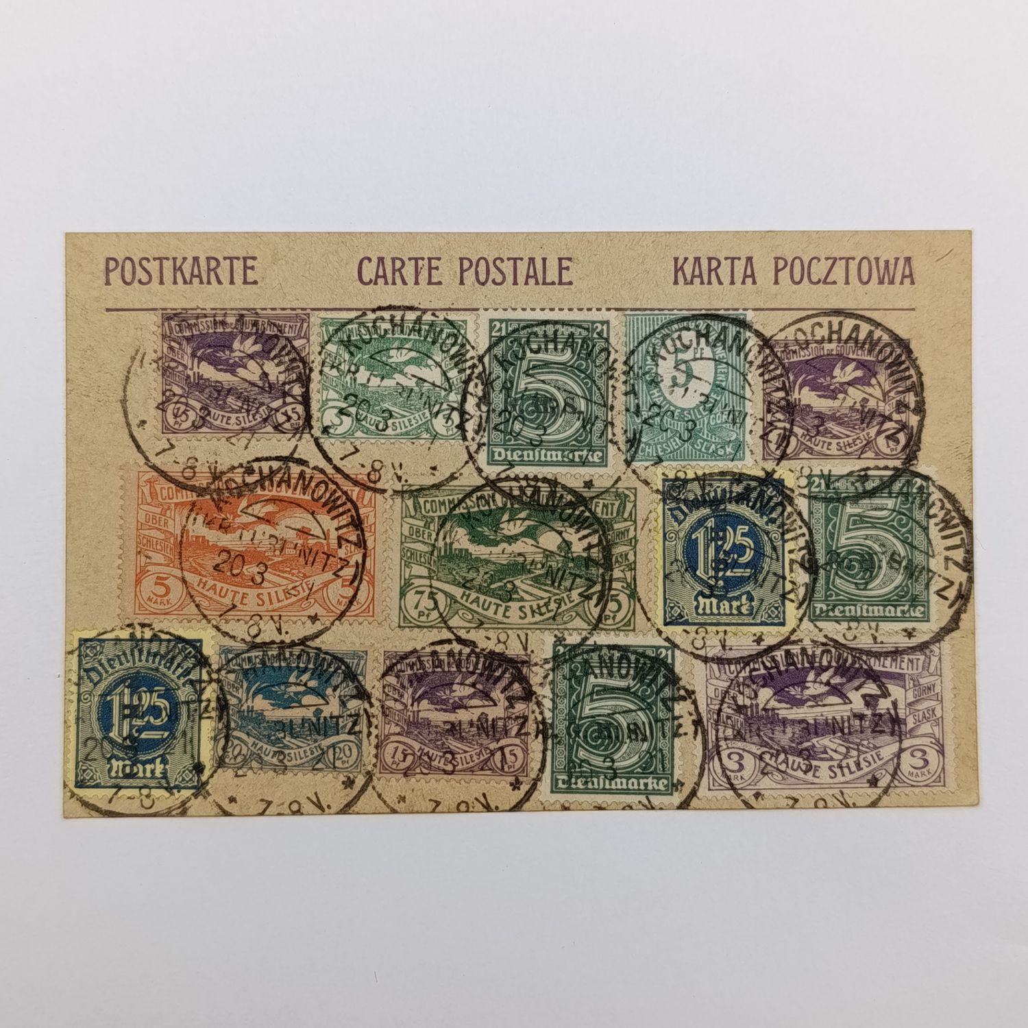 Postcard posted in Kochanowitz, Poland 20 March 1921 with Upper Silesia and German stamps