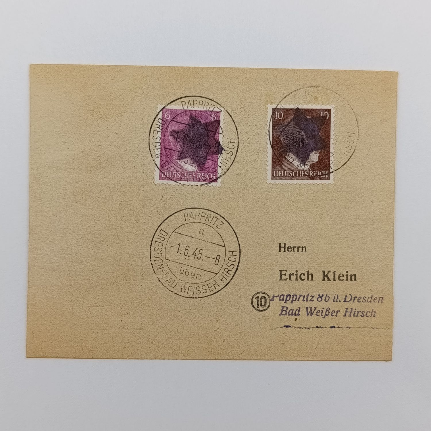Pappritz Dresden cover Hitler&#39;s face covered with Star of David 1/6/45 very high Catalogue value