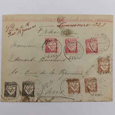 Postal cover from Portugal (CANO) to Paris France 6 Oct 1932 with 8 colorful Portugal stamps