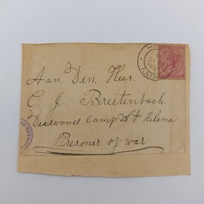 Boer War POW fronts stuck back to back one side posted Sheldon 16 Oct 1901 to Gert Wessels POW Fort High Kudl, St Helena Triangular censor other side posted Howick, Natal 21 Feb 1902 to CJ Breitenbach