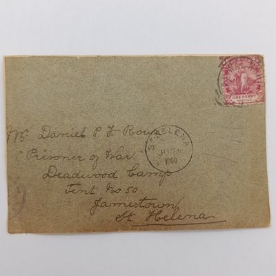 Boer War P.O.W fronts stuck back to back one side from Aliwal North 12 June 1900 to Daniel PJ Roux, POW, Deadwood Camp, Tent no 50, Jamestown, St Helena - receiving cancel 25 Jun &amp; 1900 other side reg